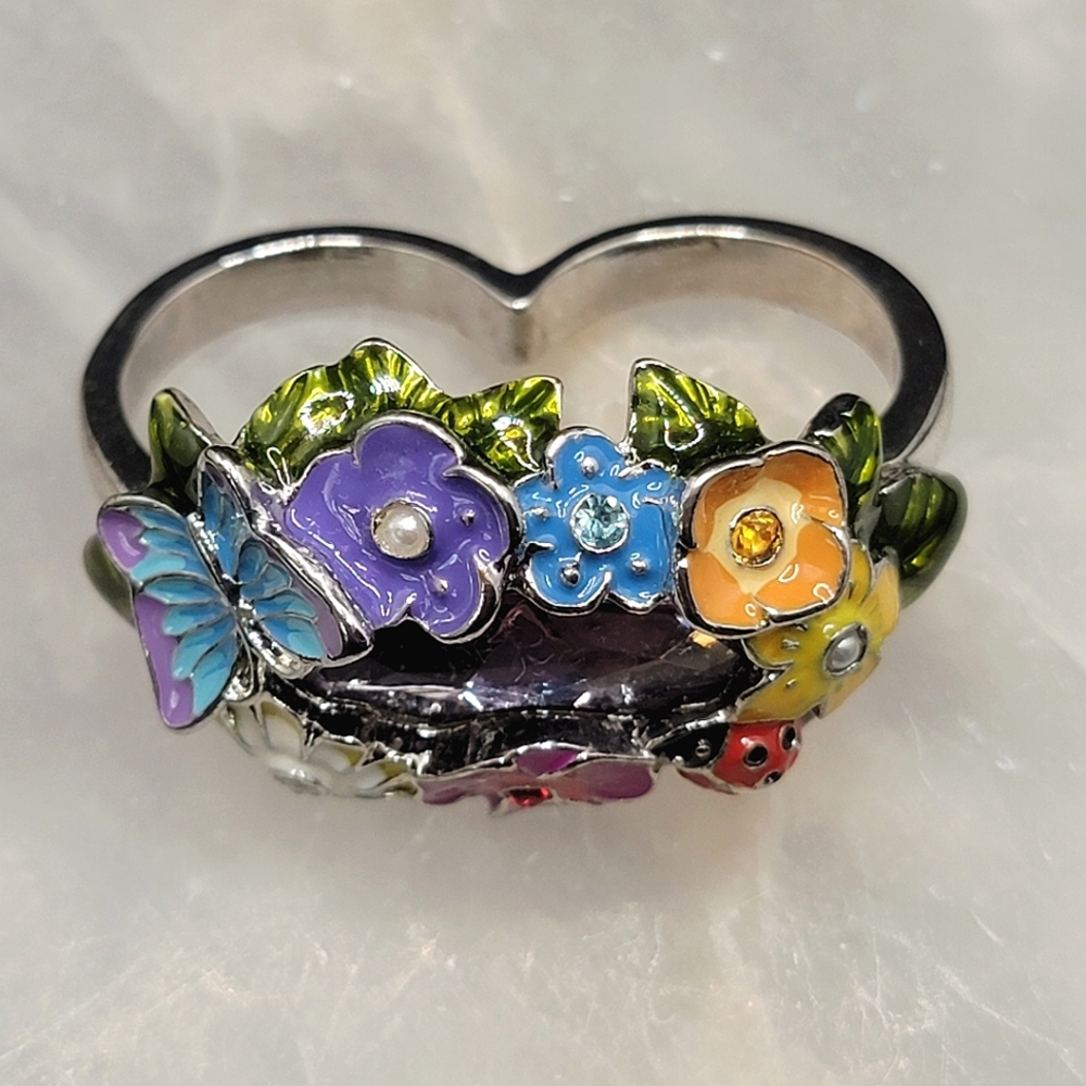 Vintage Art Nouveau Textured Flowers Lovely Garden Double Finger Ring | Avon